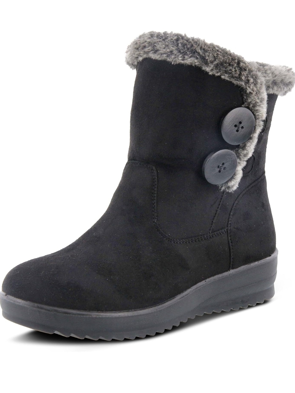 FLEXUS WATERPROOF Women Black Faux Suede Button Ankle Boot Gray Fur Trim Size5.5